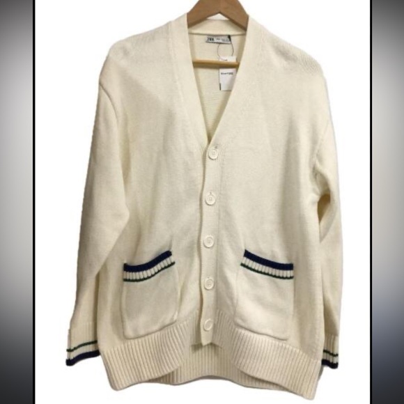 Zara Cream Cardigan with Blue and Green Stripes - Picture 1 of 5